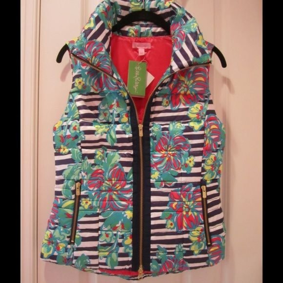 218.00 NWT LILLY PULITZER SYD REVERSIBLE DOWN VEST PARADISIO FLORAL STRIPE - Picture 1 of 6